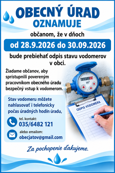 Odpis stavu vodomerov v Jatove 28.–30. septembra 2026